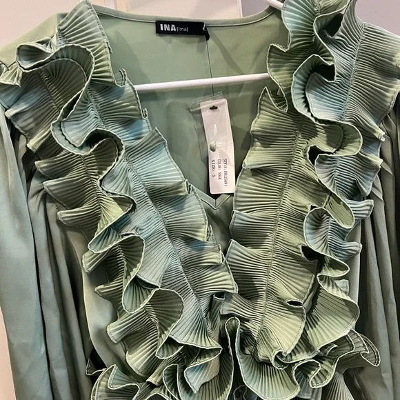 Ina Women's Sage Green Ruffle Blouse - Picture 2 of 4